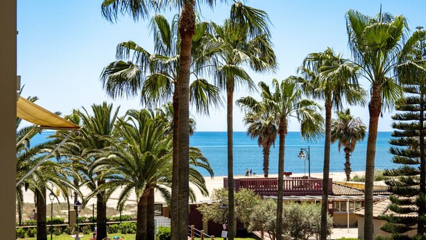 A view of a beach with palm trees and a building with a red balcony. - Alcaudon - Isla Canela Beach IAHL59P273 (Isla Canela)