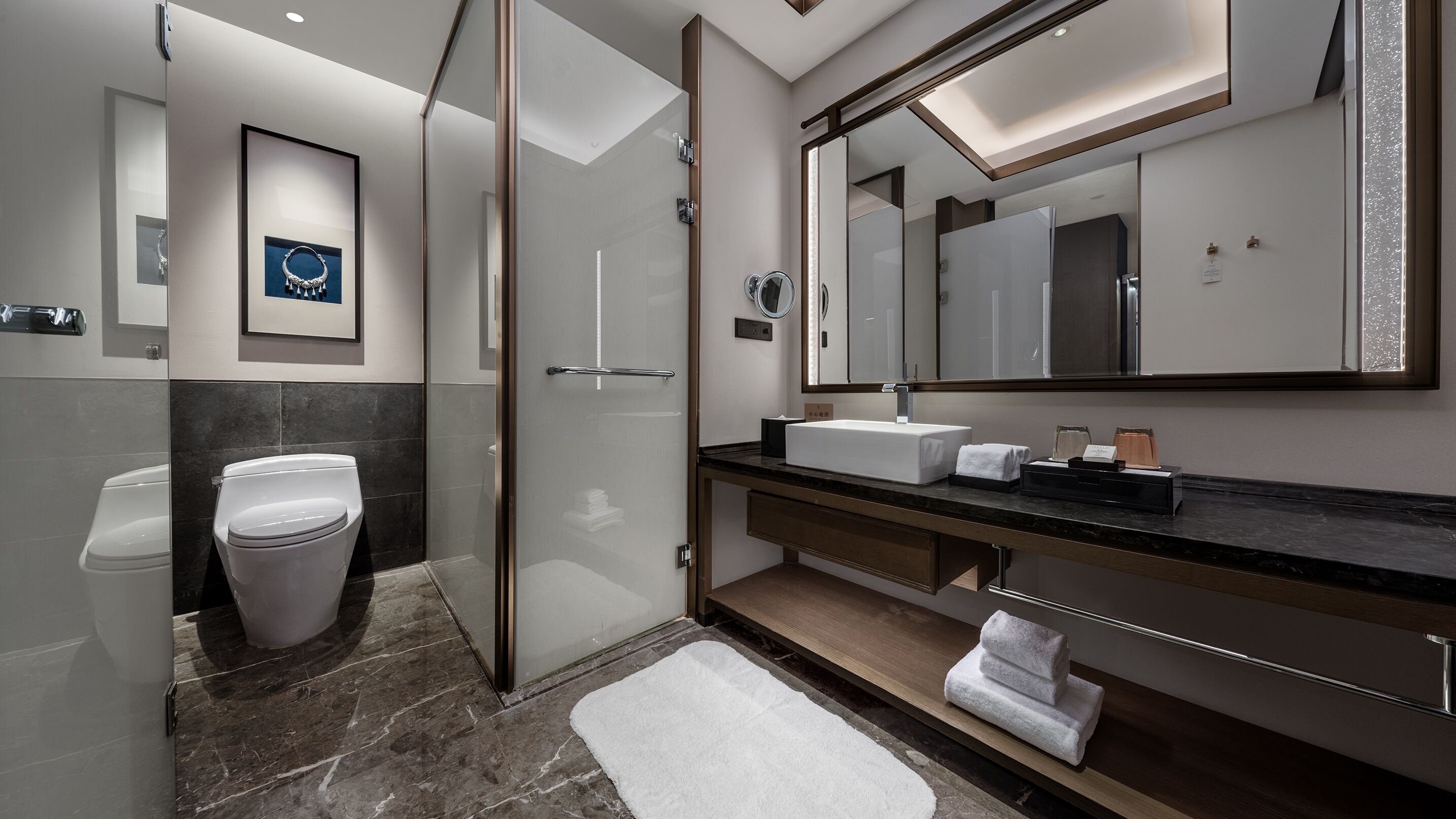 A modern bathroom with a glass shower enclosure, a white toilet, a sink with a vanity, and a large mirror.