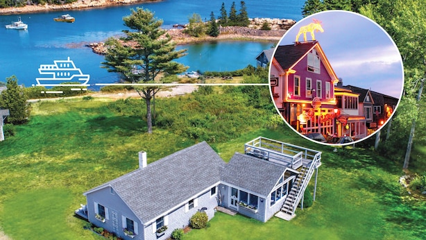 A house with a large deck, a boat icon, and a zoomed-in view of a lit-up house.