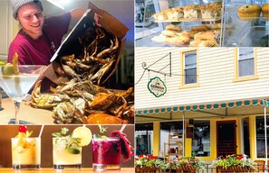 Un restaurant où une grande variété de plats est présentée, notamment des fruits de mer et des produits de boulangerie.