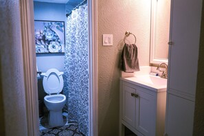 Bathtub, hair dryer, towels, soap