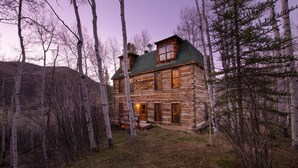 Une cabane en rondins surmontée d’un toit végétalisé, entourée de bouleaux et bordée d’une pelouse.