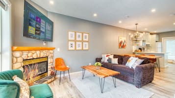 Smart TV, fireplace, books