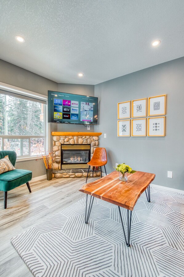 Smart TV, fireplace, books