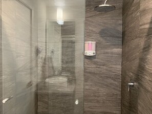 Douche, séchoir à cheveux, serviettes fournies, savon