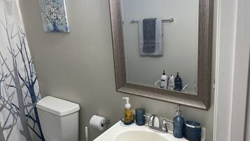 Combined shower/bathtub, towels, soap, shampoo