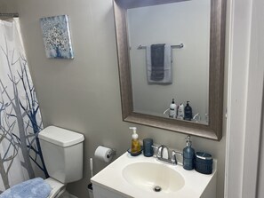 Combined shower/tub, towels, soap, shampoo