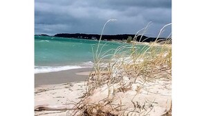 Ein Strand mit klarem türkisblauem Wasser, einem sandigen Ufer und grasbewachsenen Dünen.