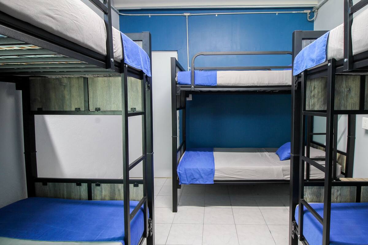 Een slaapzaal met stapelbedden, blauwe dekbedden en een blauwe muur.