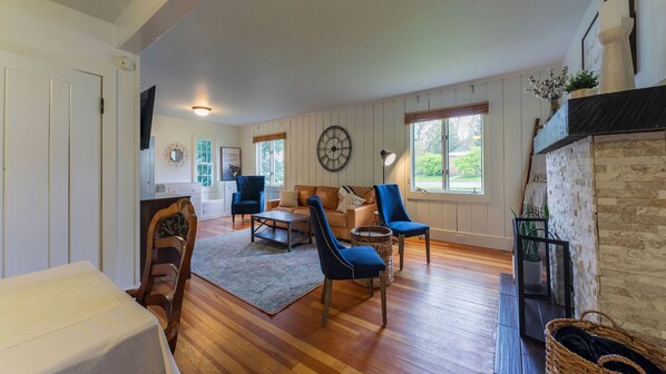 Smart TV, fireplace, books