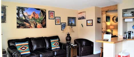 TV, fireplace, books