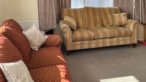 A living room with a patterned sofa and a red couch, a radiator, and curtains.