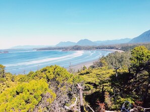 A coastal landscape with a beach, forested area, and mountains in the background. - Cox Bay Retreat-Beach Access, Hot Tub, Fireplace (Tofino)