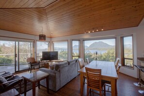Smart TV, chimenea y libros 