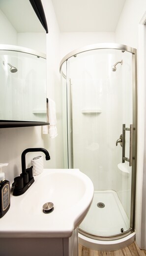 Shower, hair dryer, towels, soap