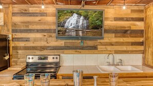 A kitchen with a wooden wall, a TV mounted above the counter, a stove, and a sink. - Sunrise View-10 Min to Blue Ridge,Hot Tub-3 BR (Blue Ridge)