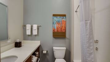 Combined shower/tub, free toiletries, hair dryer, towels
