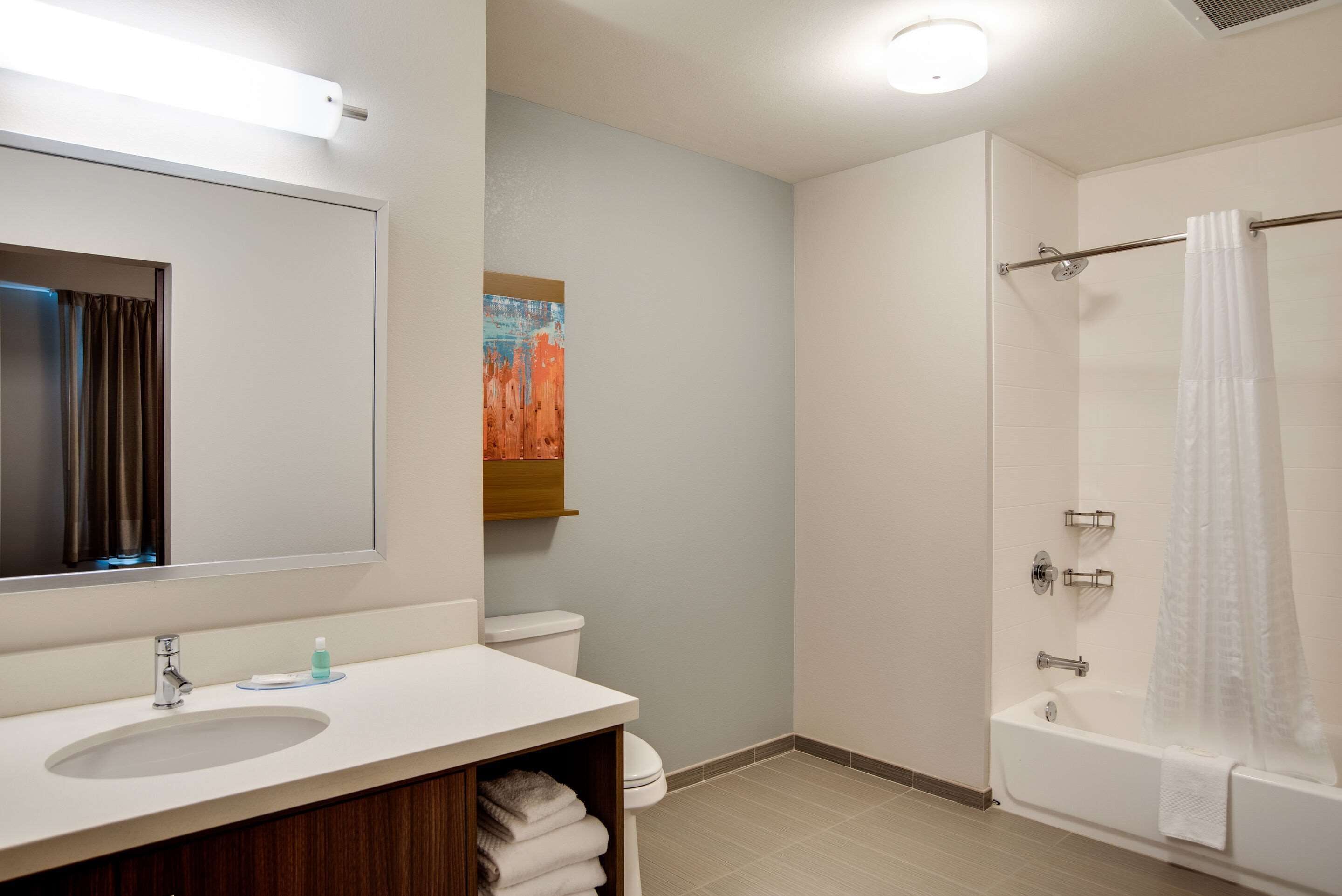 combined shower/bathtub, free toiletries, hair dryer, towels