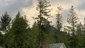 A lodge with a stone foundation, surrounded by a forest and a mountain backdrop.
