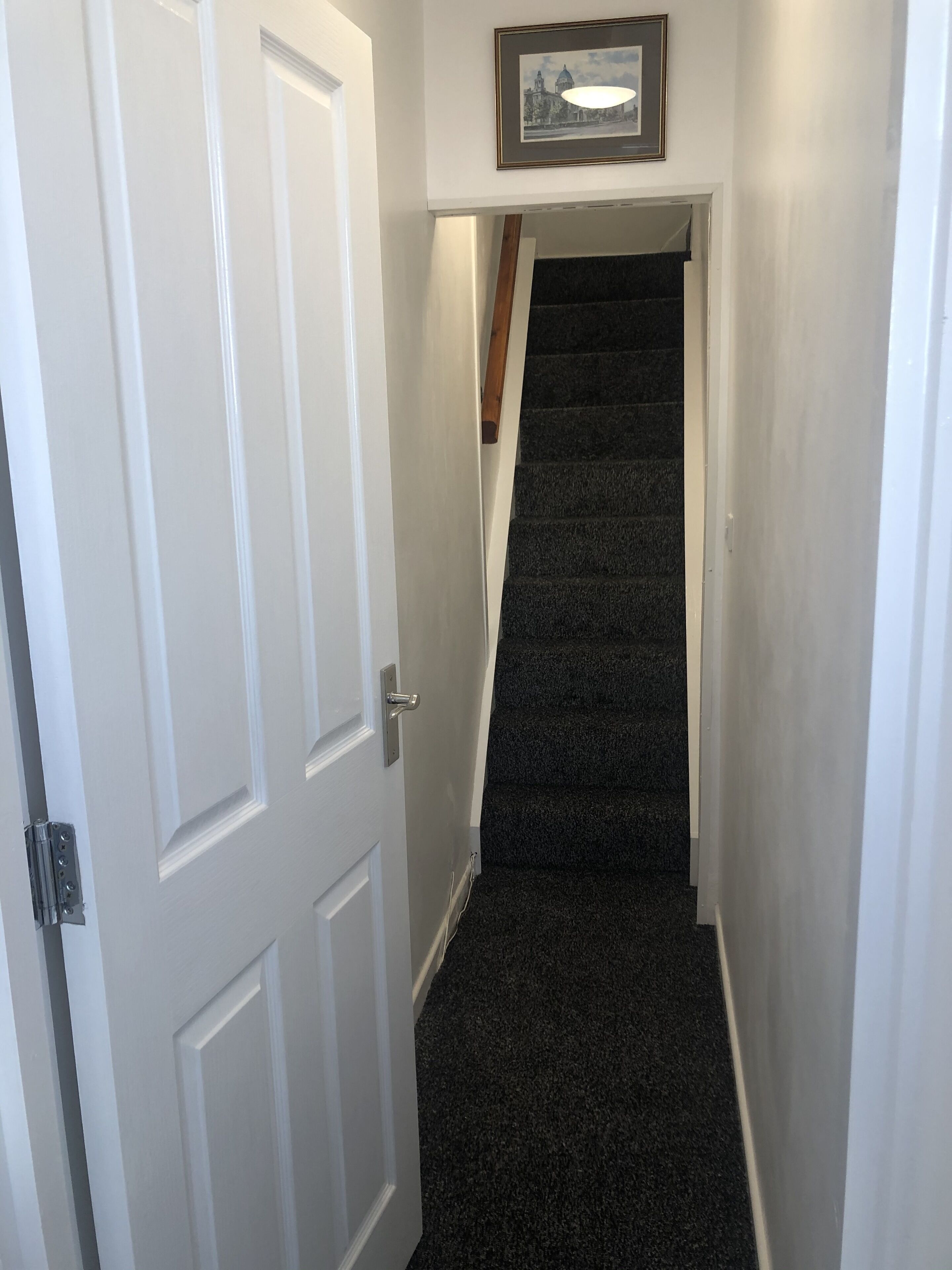 A narrow hallway with a carpeted staircase leading to a landing.