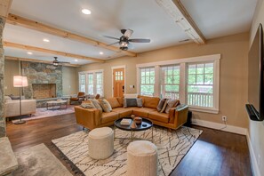 TV, fireplace, music library