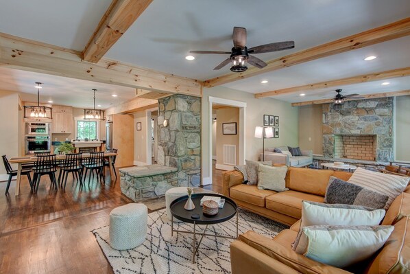 TV, fireplace, music library