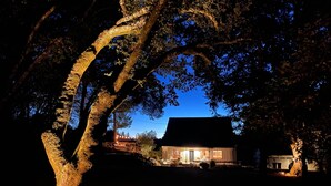 A house with a large tree in front, a visible front door, and a small porch area.