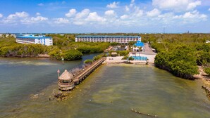 A coastal hotel with a pier extending into the water, surrounded by lush greenery and a clear blue sky.