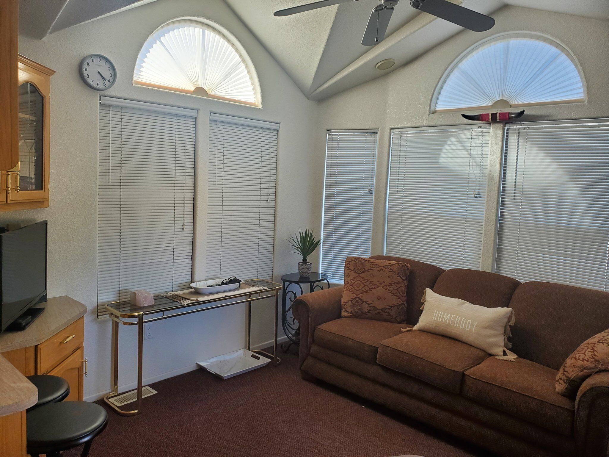 A compact living space with a sofa, a small table, a TV, and a ceiling fan.