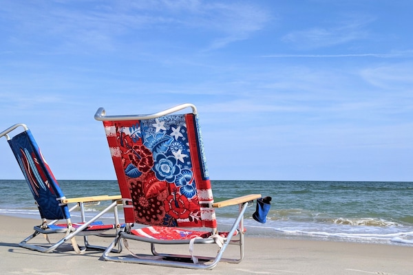 4 beach chairs and 2 umbrellas are provided.