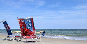 On the beach, sun loungers, beach towels - Topsail Dunes Beach Condo - Oceanfront! First Floor! Ramp Access! (North Topsail Beach)