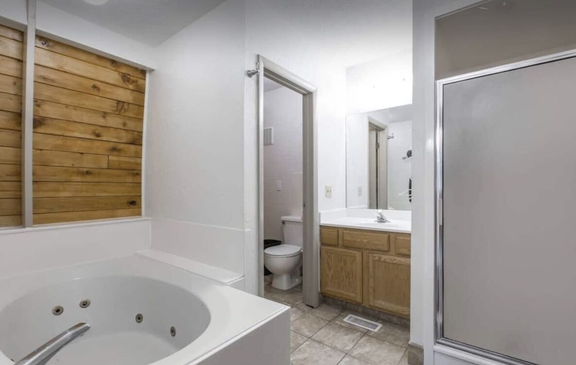 Shower, jetted tub, hair dryer, towels