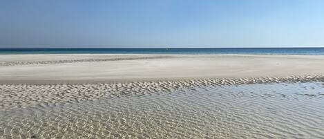 On the beach, sun-loungers, beach umbrellas, beach towels