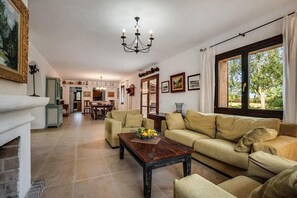 Télévision, cheminée, chaîne hi-fi