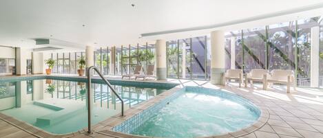 Indoor pool, outdoor pool, sun loungers