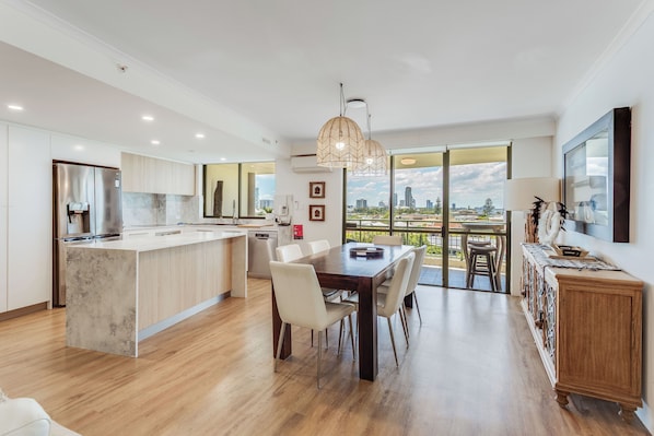 Deluxe Apartment, 2 Bedrooms | Private kitchen | Full-size fridge, microwave, oven, stovetop