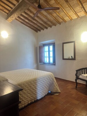Cozy retreat with a single bed, wooden bench, and mirror.