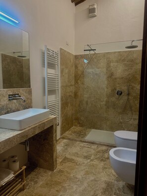 Features a sleek sink, walk-in shower, and large mirror.