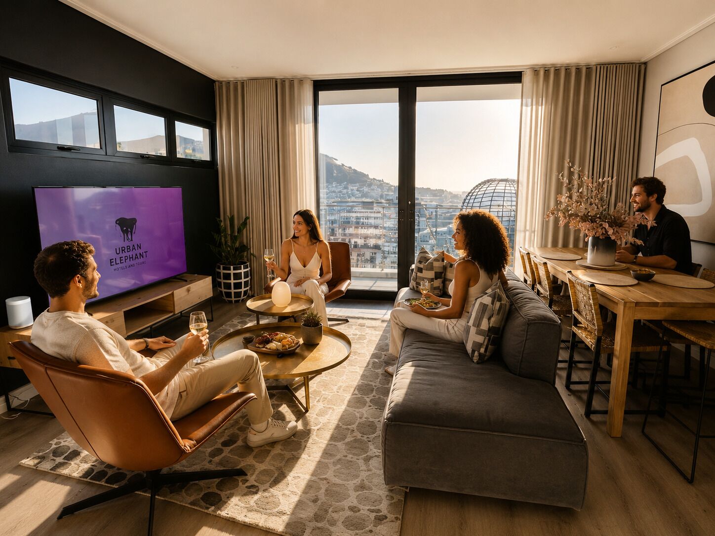 Uma sala de estar moderna com vista para a cidade, uma televisão de tela plana e uma área de refeições.