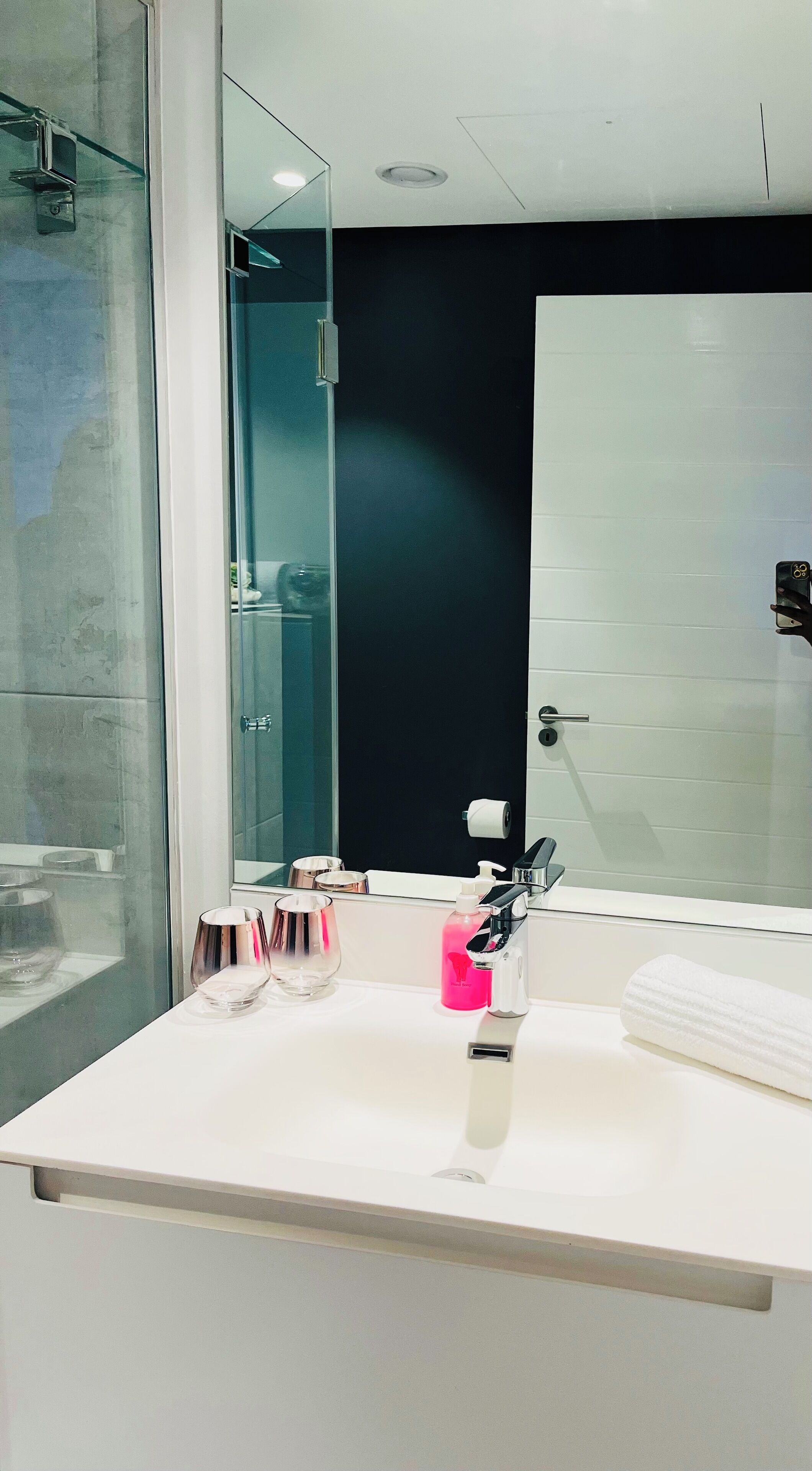 A modern bathroom with a glass shower enclosure, a white sink with a mirror, and a black accent wall.