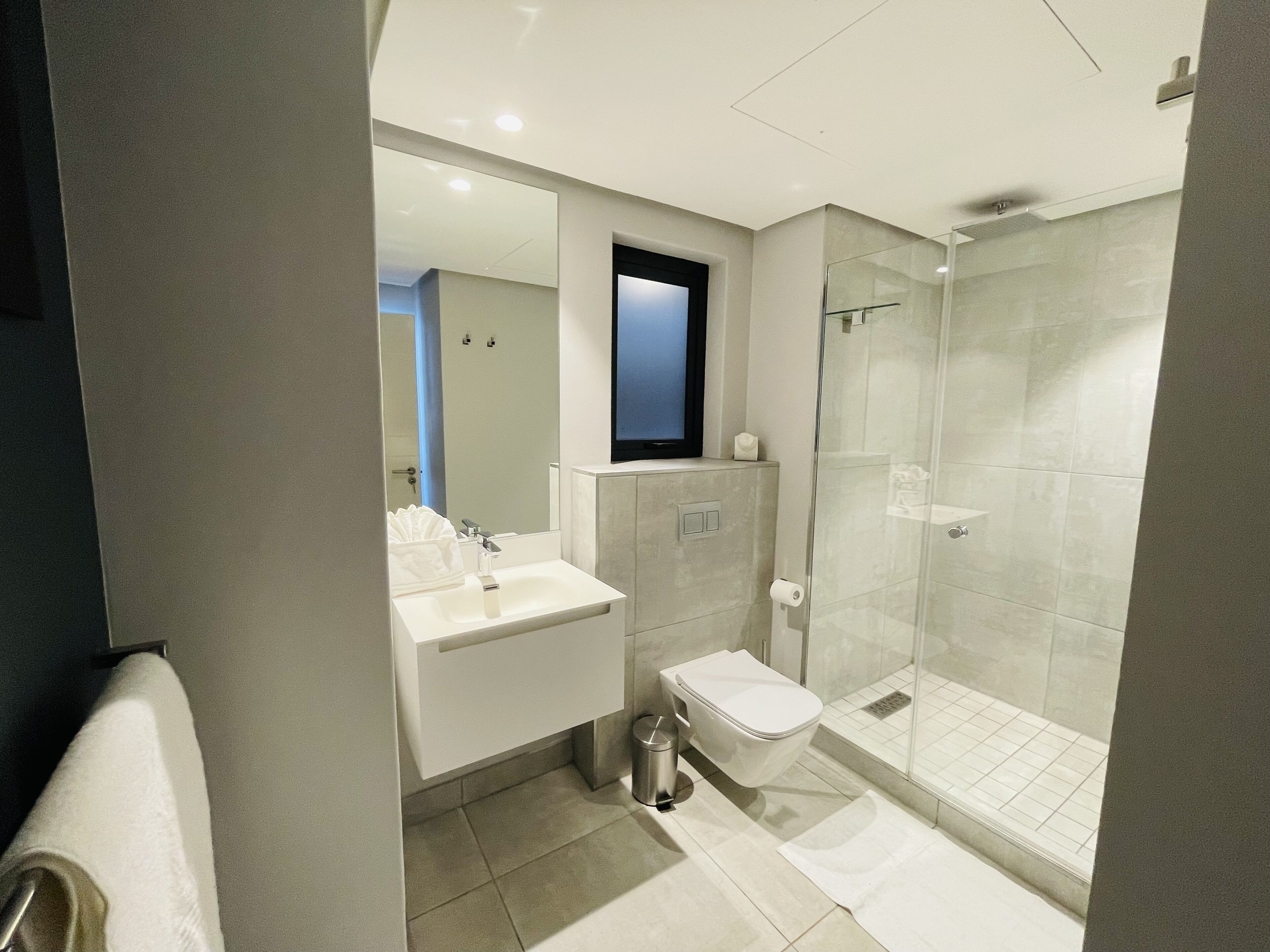 A modern bathroom with a glass shower enclosure, a toilet, and a sink.