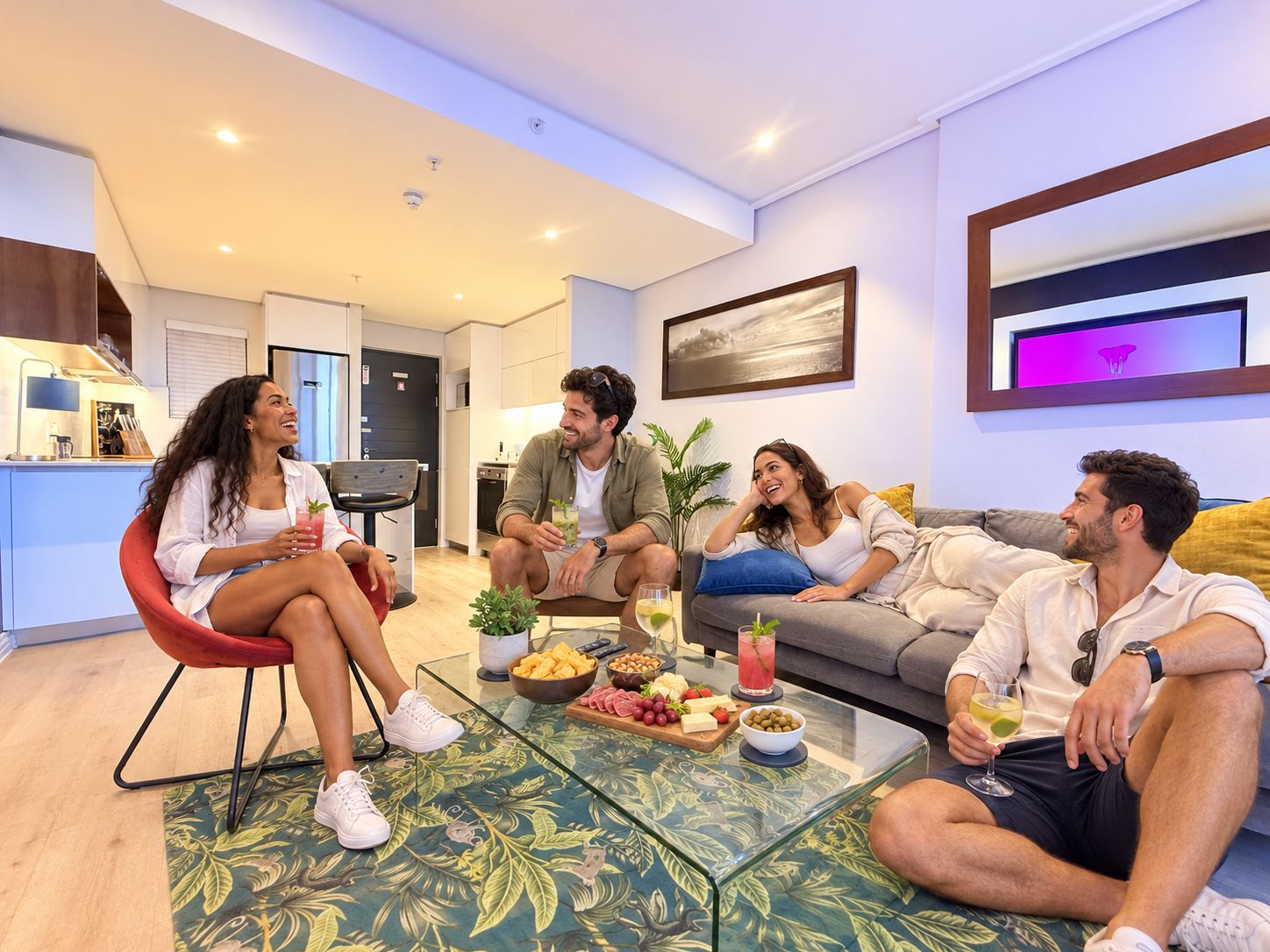 Una sala moderna con una mesa de centro de vidrio, un sofá y una mesa de comedor con comida y bebidas.