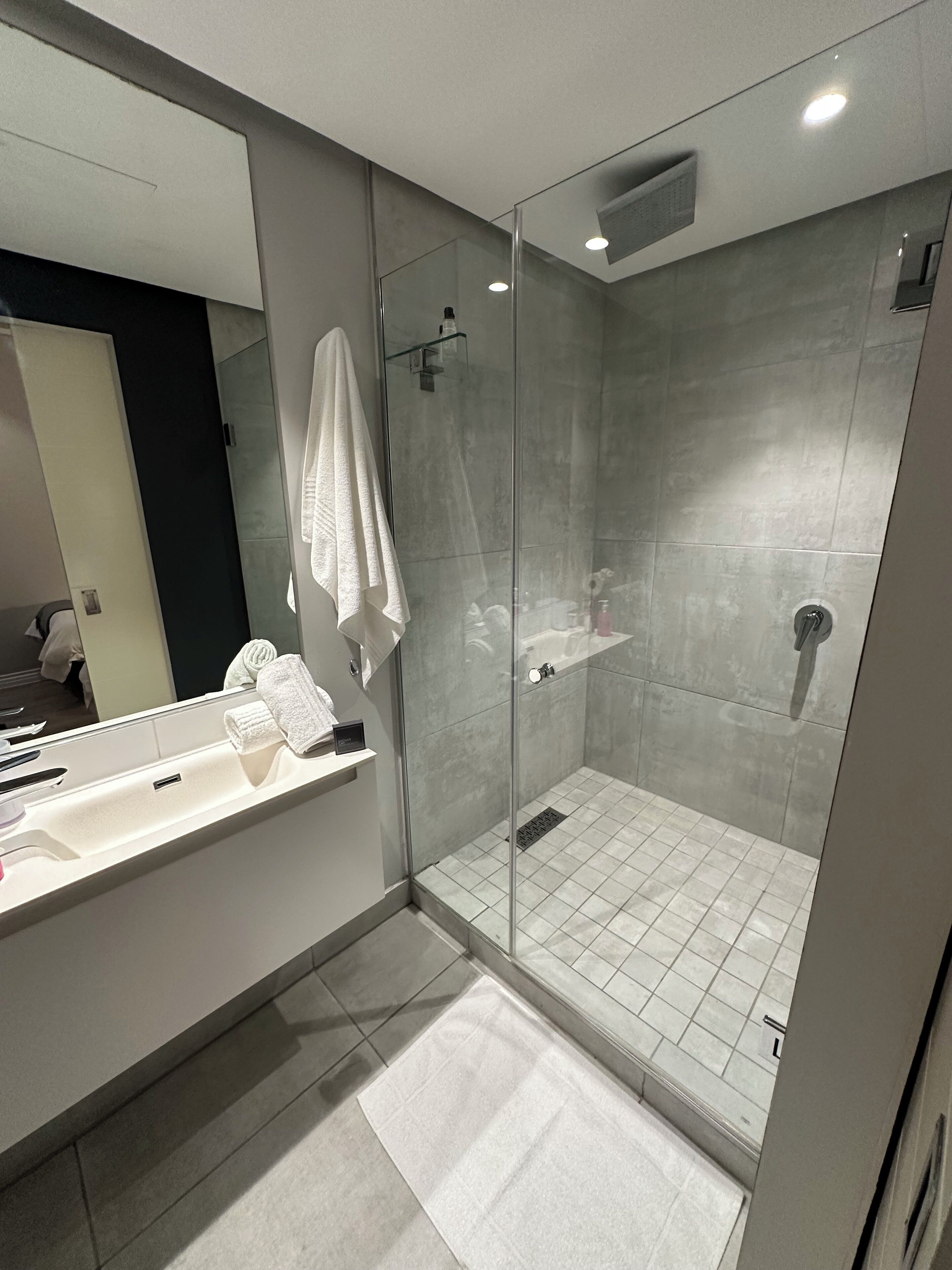 A modern bathroom with a glass-enclosed shower, a white sink, and a large mirror.