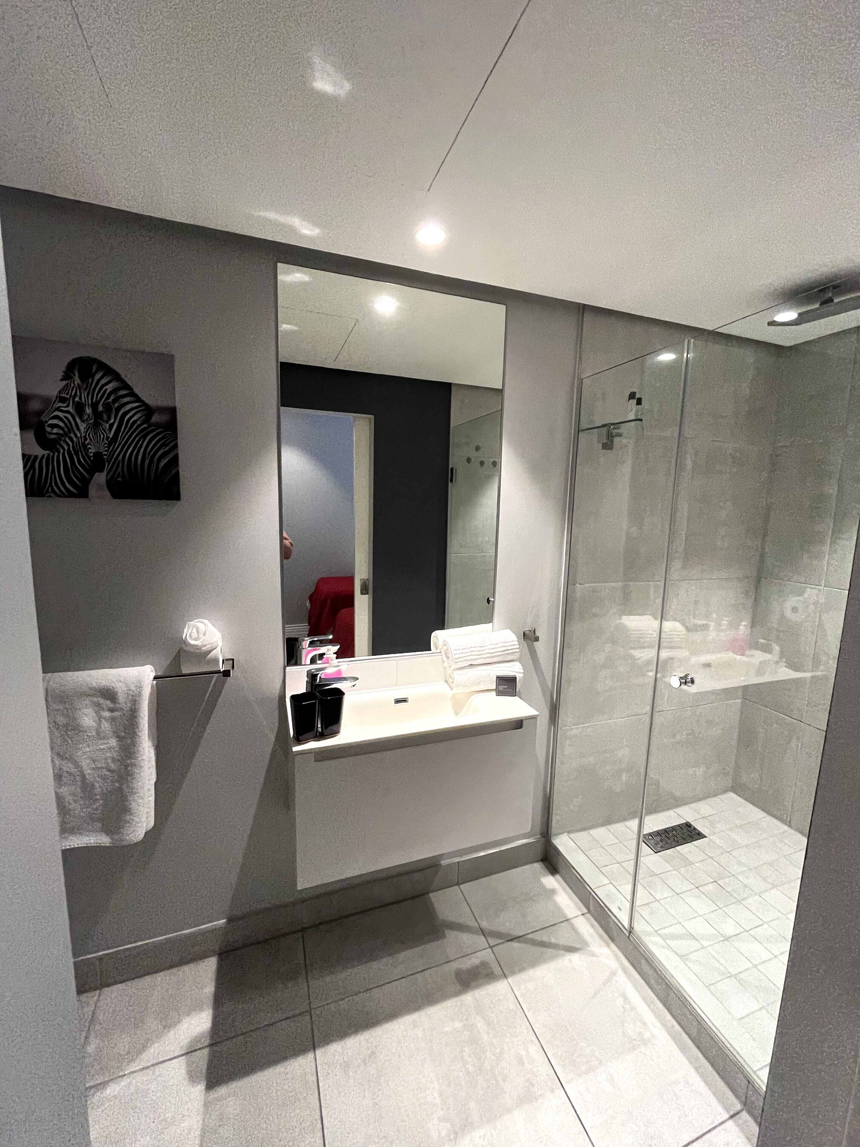 A modern bathroom with a glass shower enclosure, a white sink, and a towel rack.
