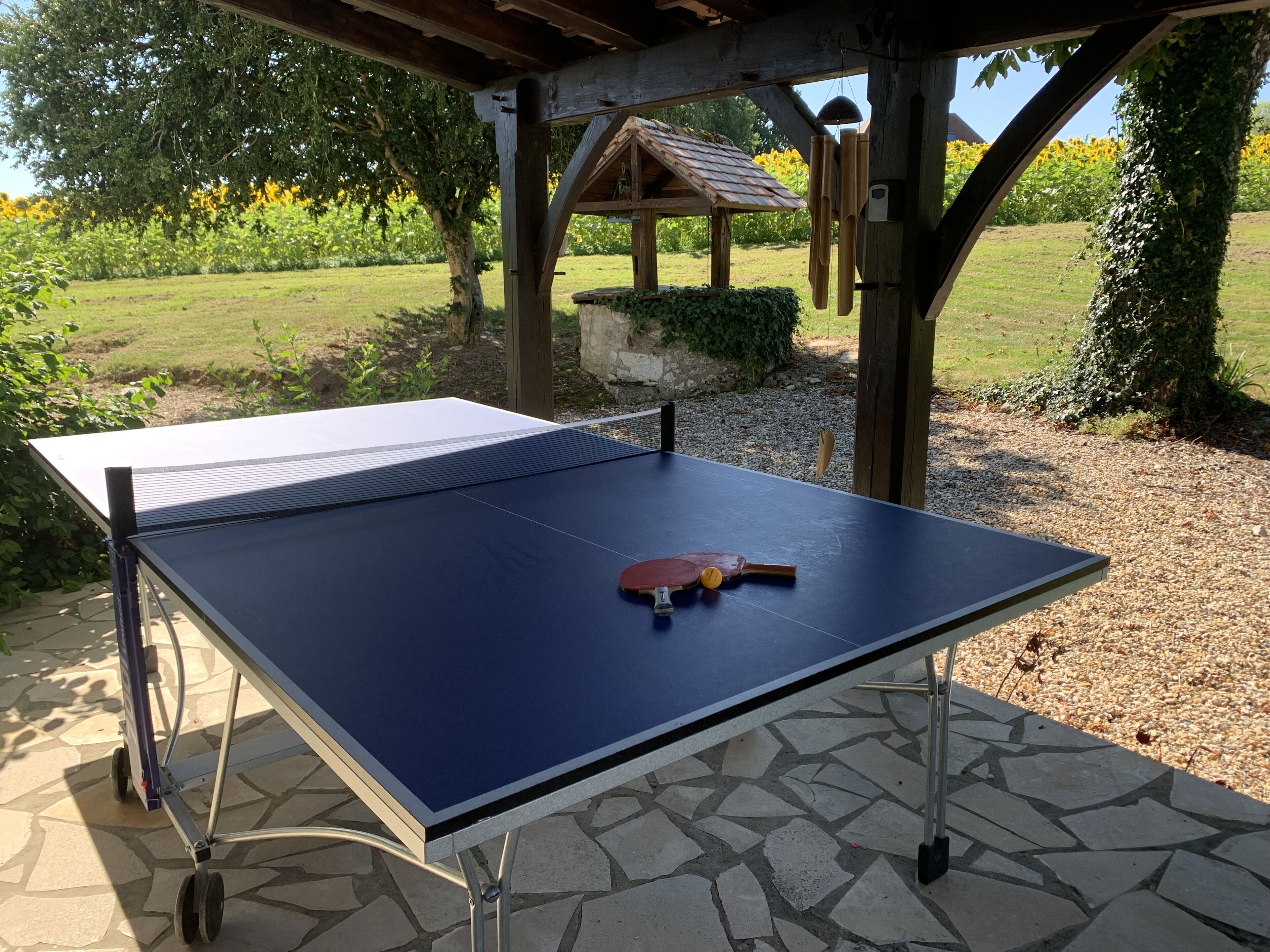 A ping pong table with paddles under a wooden pergola in a garden setting.