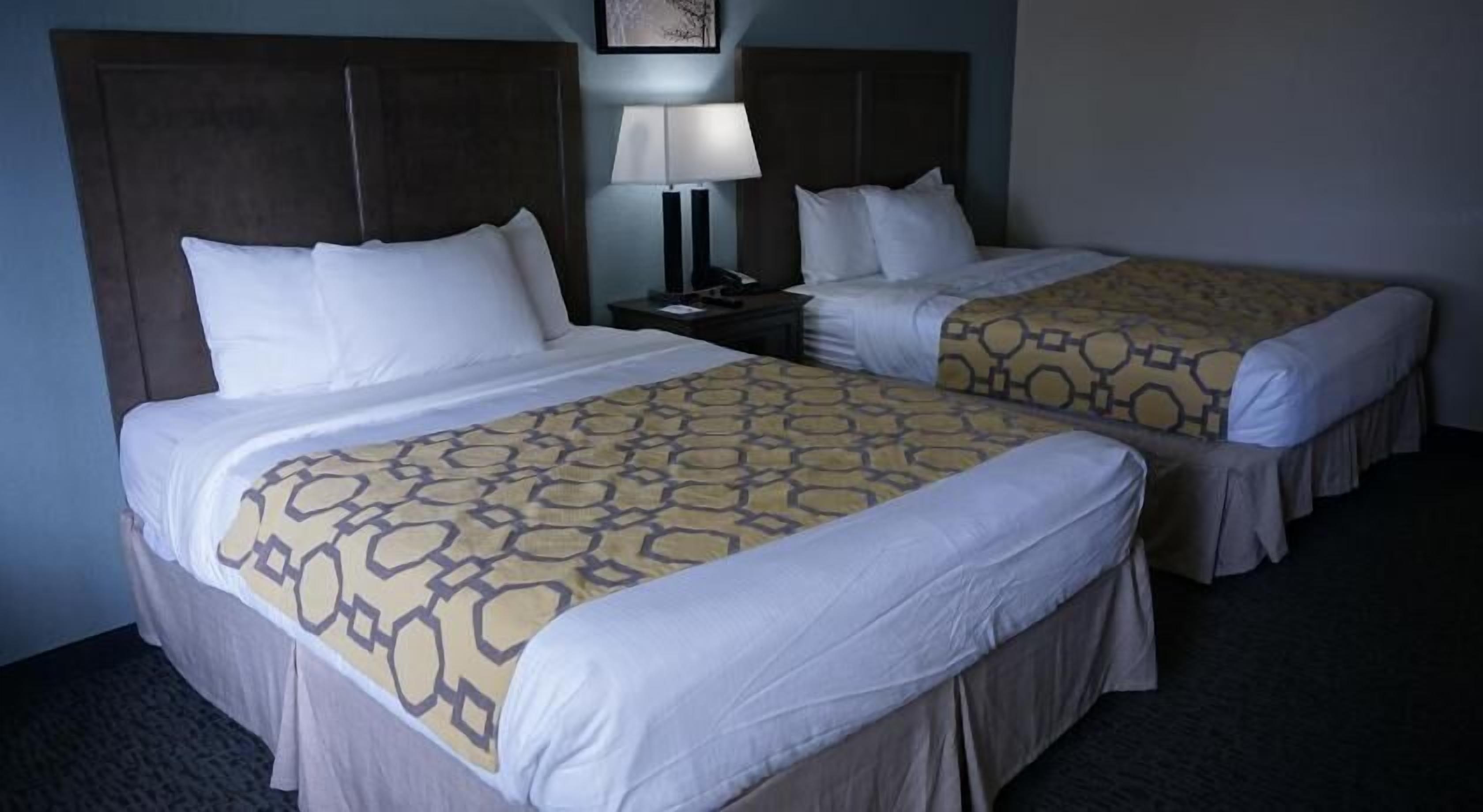 A hotel room with two beds, a nightstand, a lamp, and a framed picture on the wall.