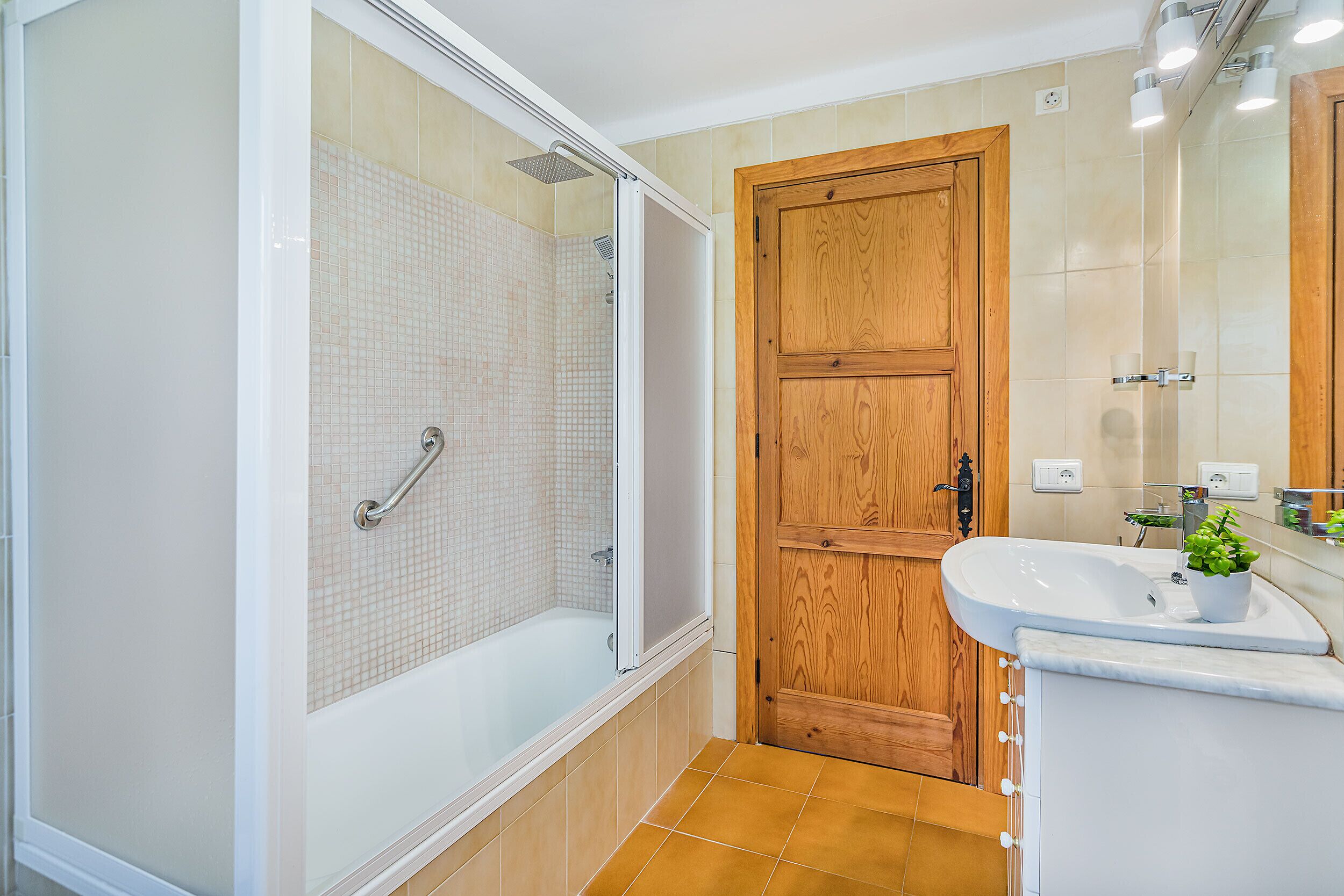 A bathroom with a shower, a wooden door, and a sink with a mirror.