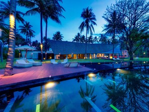 Outdoor pool, pool umbrellas, pool loungers