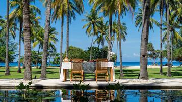 Outdoor pool, pool umbrellas, pool loungers