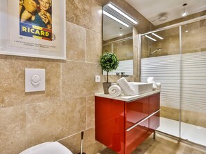 Douche, séchoir à cheveux, serviettes fournies